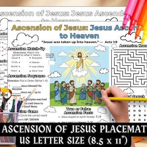 May include: A white placemat with the text "Ascension of Jesus" and various activities, including a maze, matching, and sequence exercises. The placemat is US Letter size, 8.5 x 11 inches, with colorful markers and pencils.