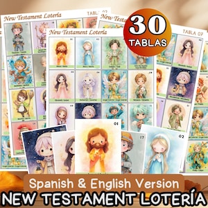 May include: A collection of 30 New Testament Lotería cards, featuring watercolor illustrations of biblical figures. The cards are in both Spanish and English. The image includes the text "30 Tablas" and "New Testament Lotería".