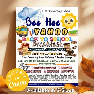 Boo Hoo Yahoo Breakfast Flyers Editable Back to School Invitation Template Fun PTO Event, Printable Teacher and Staff Appreciation Breakfast