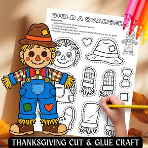 Kids Build a Scarecrow Craft Thanksgiving Cut & Paste Activity Sheet Fall Theme Paper Doll Worksheet DIY Autumn Cut and Glue Crafts PDF