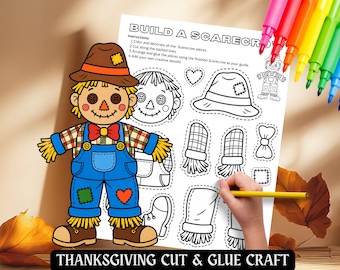 Bastelvorlage „Vogelscheuche basteln“ für Kinder zum Erntedankfest: Ausschneiden und Aufkleben; Bastelvorlage „Herbstliche Papierpuppe“; DIY-Bastelvorlage „Herbstliche Ausschneide- und Klebeprojekte“ (PDF)