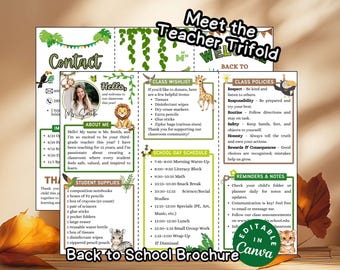 May include: A Meet the Teacher trifold brochure template featuring a jungle theme with illustrations of a lion, giraffe, and zebra. The document includes sections for contact info, about me, class wishlist, school day schedule, and class policies.