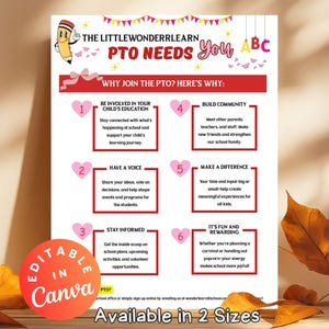 PTO PTA We Need You Flyer Template, Editable Recruitment Handout for School Volunteers, Join Our Parent Group Flyer Volunteer Sign Up Forms