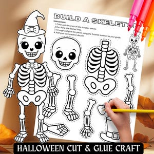 Puede incluir: Una hoja de actividades imprimible titulada BUILD A SKELETON con dibujos de líneas en blanco y negro de piezas de esqueleto para recortar y montar. La hoja incluye un esqueleto completo con sombrero y pajarita, además de huesos individuales.