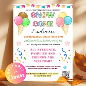 Snow Cone Fundraiser Flyer Editable Back to School Event Invite, Ice Cream Party Fundraiser Posters Summer School Fundraiser Snow Cone Flyer