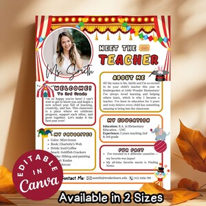 May include: A circus-themed Meet the Teacher flyer template featuring a circular photo frame, red and white striped curtains, and carnival graphics. The text includes sections for About Me, My Education, My Favorites, and Fun Fact, with a contact email and phone number at the bottom.