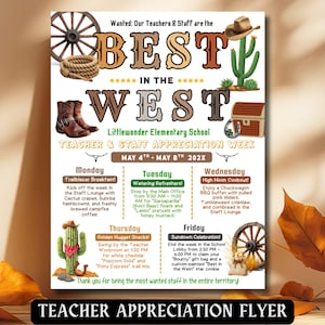 Puede incluir: Un folleto de agradecimiento a los profesores con temática del oeste. El folleto incluye el texto "BEST IN THE WEST" y detalla una semana de eventos, incluyendo un desayuno Trailblazer y un almuerzo High Noon. El folleto está decorado con botas de vaquero, un cactus y una rueda de carro.