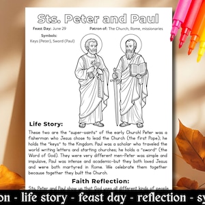 May include: A black and white line drawing of Sts. Peter and Paul, with text including "Feast Day: June 29" and "Symbols: Keys (Peter), Sword (Paul)." The image is a colouring page with text about their life story and faith reflection.