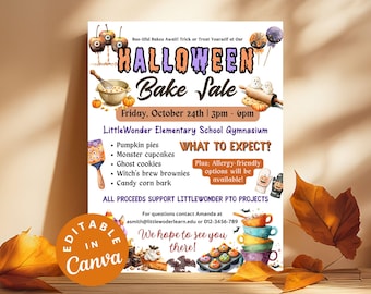 Halloween Bake Sale Fundraiser Flyer Fall Bake Sale Invite PTO PTA Baking Church Community Event Fundraiser School Bake Sale Fall Church DIY