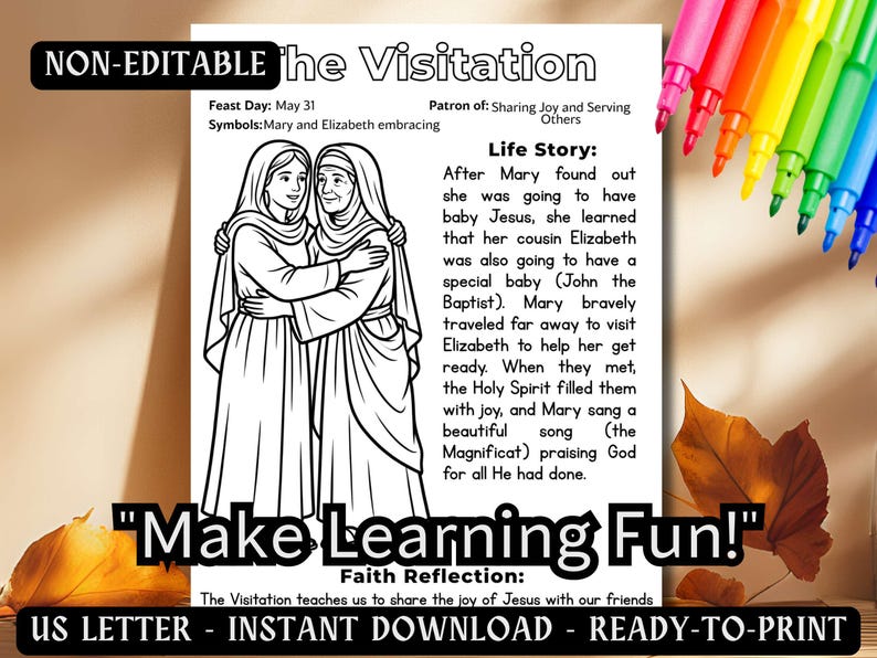 The Visitation Coloring Page Catholic Kids Saint Activity Worksheet ...