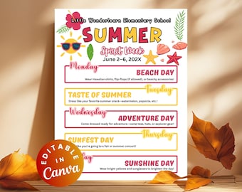 Summer Spirit Week Flyer Template, Editable Camp & Daycare Design, Fun School Event Planner Printable Schedule of Events Holiday Spirit Week