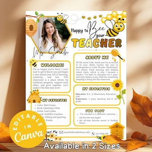 May include: A teacher introduction poster with a bee theme. The poster features a photo of Ms. Smith, along with information about her, including her favorites, education, and a fun fact. The text says "Happy to Bee your Teacher."