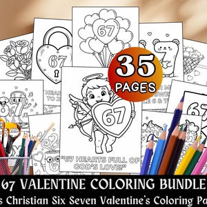 Puede incluir: Una colección de páginas para colorear del Día de San Valentín en blanco y negro con el número 67. Las páginas presentan corazones, cupidos y otras imágenes temáticas del Día de San Valentín. El texto de la imagen dice "67 Valentine Coloring Bundle" y "35 Pages". Lápices de colores en un recipiente de metal.