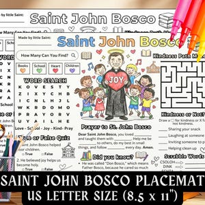 Mantel individual de actividades de San Juan Bosco Hoja de actividades para niños de la escuela dominical 31 de enero Día festivo Colorear Escuela católica CCD Santo del día