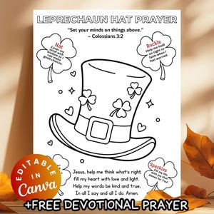 May include: Black and white line art of a leprechaun hat with shamrocks, a buckle, and the text "Leprechaun Hat Prayer." Includes the text "Set your minds on things above." and a prayer. The image is on a white background.