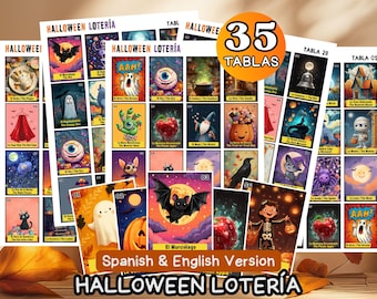 Könnte beinhalten: Eine Sammlung von Halloween-Lotería-Karten auf Spanisch und Englisch. Die Karten zeigen farbenfrohe Illustrationen von gruseligen Charakteren und Objekten, mit dem Text "35 Tablas" in einem orangefarbenen Kreis. Die Worte "Halloween Lotería" stehen oben und unten.
