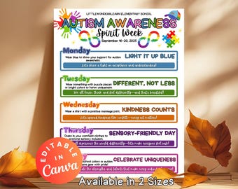 Autism Awareness Spirit Week Itinerary Schedule Special Needs Back to School Spirit Week Flyer Printable Spirit Wear Event Autism Month Sign