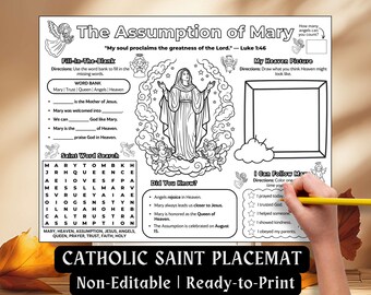 The Assumption of Mary Activity Placemat Kids Catholic Saint Coloring Pages August Feast Day Bible Craft Sunday School Worksheet Printable