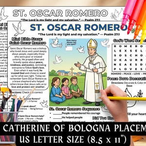 May include: A US Letter size (8.5 x 11 inches) placemat featuring a St. Oscar Romero theme. The placemat includes a mini-bible story, word search, and a peace dove decoration activity. The design incorporates illustrations and text.