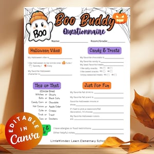 Halloween Boo Buddy Questionnaires Teacher and Staff Halloween Party Exchange Gift Favorites Halloween Gift Exchange Survey All About Me PTO