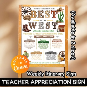 Op de afbeelding: Een houten bord met een western thema, met de tekst "BEST IN THE WEST" en een wekelijks reisschema voor de Teacher & Staff Appreciation Week. Bevat illustraties van een wagenwiel, cactus en cowboylaarzen. Bewerkbaar in Canva.