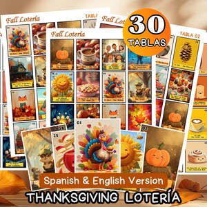 May include: A collection of 30 Thanksgiving Loteria cards in a Spanish and English version. The cards feature colorful illustrations of fall-themed images, including a turkey, pumpkin, and coffee cup. The text "Fall Loteria" is visible.