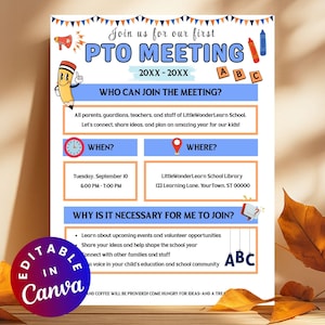 Op de afbeelding: Een flyer voor een PTO-bijeenkomst met de tekst "Join us for our first PTO MEETING". De flyer bevat details over de datum, tijd, locatie en het doel van de bijeenkomst. Een cartoonpotlood en andere schoolgerelateerde afbeeldingen zijn inbegrepen.