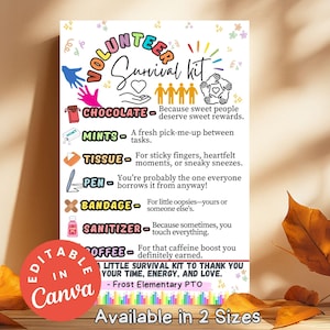 Volunteer Survival Kit Editable Gift Tags, Printable Thank You Template for Volunteers, School Staff Appreciation Gift Ideas, Back to School