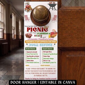 Peut inclure: Un accroche-porte sur le thème du pique-nique, avec des illustrations de paniers de pique-nique, de nourriture et d'un barbecue. Le texte dit "Every day feels like a PICNIC with amazing TEACHERS & STAFF." Comprend des choix de boissons et de collations.