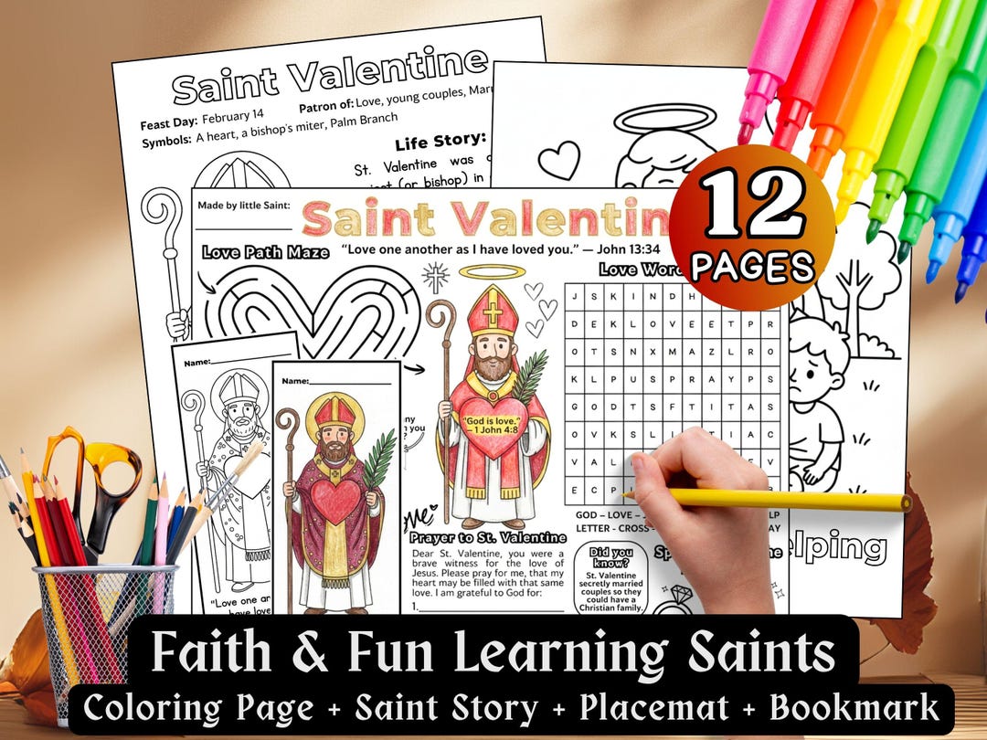 Saint Valentine Activity Placemat Bundle Kid Catholic Saint Coloring ...