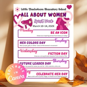 Może przedstawiać: Plakat na "Tydzień Ducha Kobiet" w szkole podstawowej Little Wonderlearn. Plakat ma różowo-fioletową kolorystykę z tekstem i grafiką. Zawiera codzienne tematy, takie jak "Bądź ikoną" i "Dzień jej kolorów".