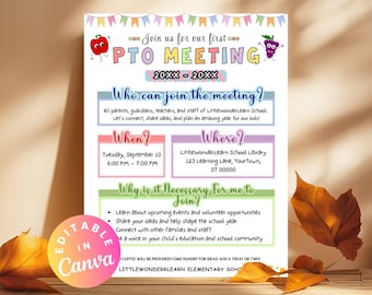 First PTA Meeting Flyer Editable PTA Newsletter Flyer Parent Teacher Association Template Back to School First Parent Meeting PTO Sign Canva