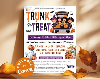 School Trunk or Treat Flyer Editable Church Halloween Party Invites Printable Halloween Kids Costume Treat or Trick Competition Flyer Canva