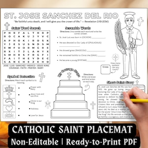 May include: A black and white printable activity sheet titled St. Jose Sanchez Del Rio featuring a word search, scramble words, a symbol matching game, a staircase graphic labeled My Courage Steps, and a short saint story biography.