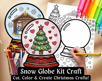 Christian Snow Globe Craft Nativity Cut and Glue Activity for Kids, Preschool Holiday Worksheet, DIY Decorate your own Snowglobe paper craft