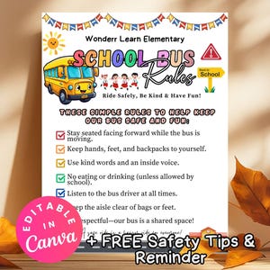 Può includere: Un poster colorato con le regole dell'autobus scolastico e un autobus scolastico a fumetti. Il poster include regole per viaggiare in autobus in sicurezza, come rimanere seduti e usare parole gentili. Per gli studenti delle elementari.