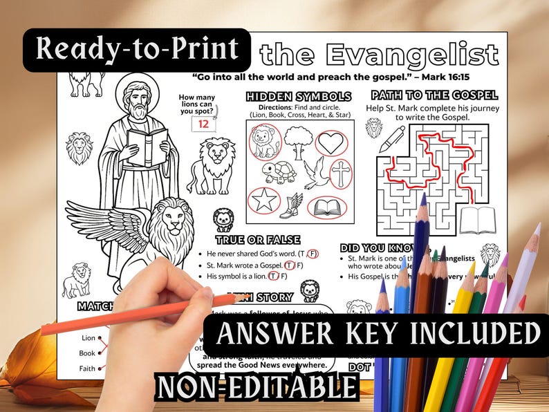 Saint Mark the Evangelist Activity Placemat Kids Coloring Pages ...