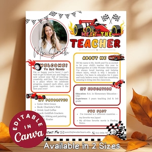May include: A colorful "Meet the Teacher" poster with a race car theme. The poster features a photo of Ms. Smith, welcome text, favorite things, and fun facts. The design includes race flags and a red race car.