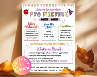 Editable PTA Meeting Flyer PTO PTA First Meeting Flyer Template Back to School Meeting Parent Teacher Invitation Volunteer Recruitment Ideas