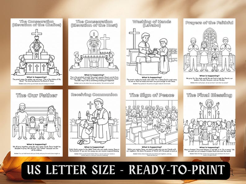 May include: A set of eight black and white illustrations depicting religious scenes, including "The Consecration," "Washing of Hands," and "The Final Blessing." The text "US LETTER SIZE - READY-TO-PRINT" is at the bottom.