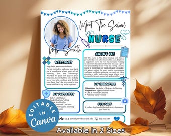 Treffen Sie die Schul Nurse Flyer Bearbeitbar Back to School Nurse Alles über mich Poster Druckbare Krankenschwester Willkommensbrief Zeichen Erster Schultag Krankenschwester