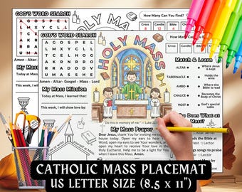 Catholic Mass Activity Placemat Kids Walk Through the Mass Handout Holy Mass Coloring Pages, Lord's Prayer Catholic Preschool Worksheet CCD