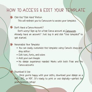 Peut inclure: Un guide avec des instructions sur la fa&ccedil;on d'acc&eacute;der et de modifier un mod&egrave;le, avec du texte dans un sch&eacute;ma de couleurs vert et marron. Le texte comprend des &eacute;tapes pour utiliser Canva, personnaliser le mod&egrave;le et le t&eacute;l&eacute;charger.