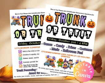 Trunk or Treat Invitation Editable School Halloween Car Decoration Fall Event Halloween Community Church Volunteer Flyer Trick or Treat Sign