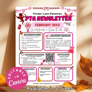 February Classroom Newsletter Editable Template for Teachers, Monthly School News Printable Class Updates PTO School Valentine Flyer Parents