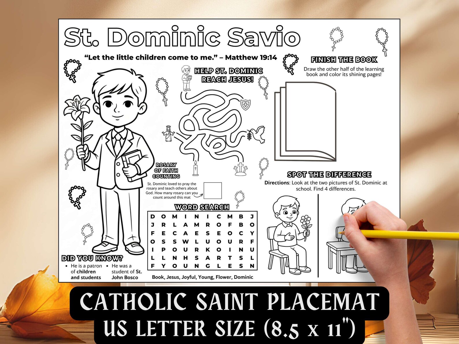 Saint Dominic Savio Activity Placemat Kids Coloring Pages Catholic ...