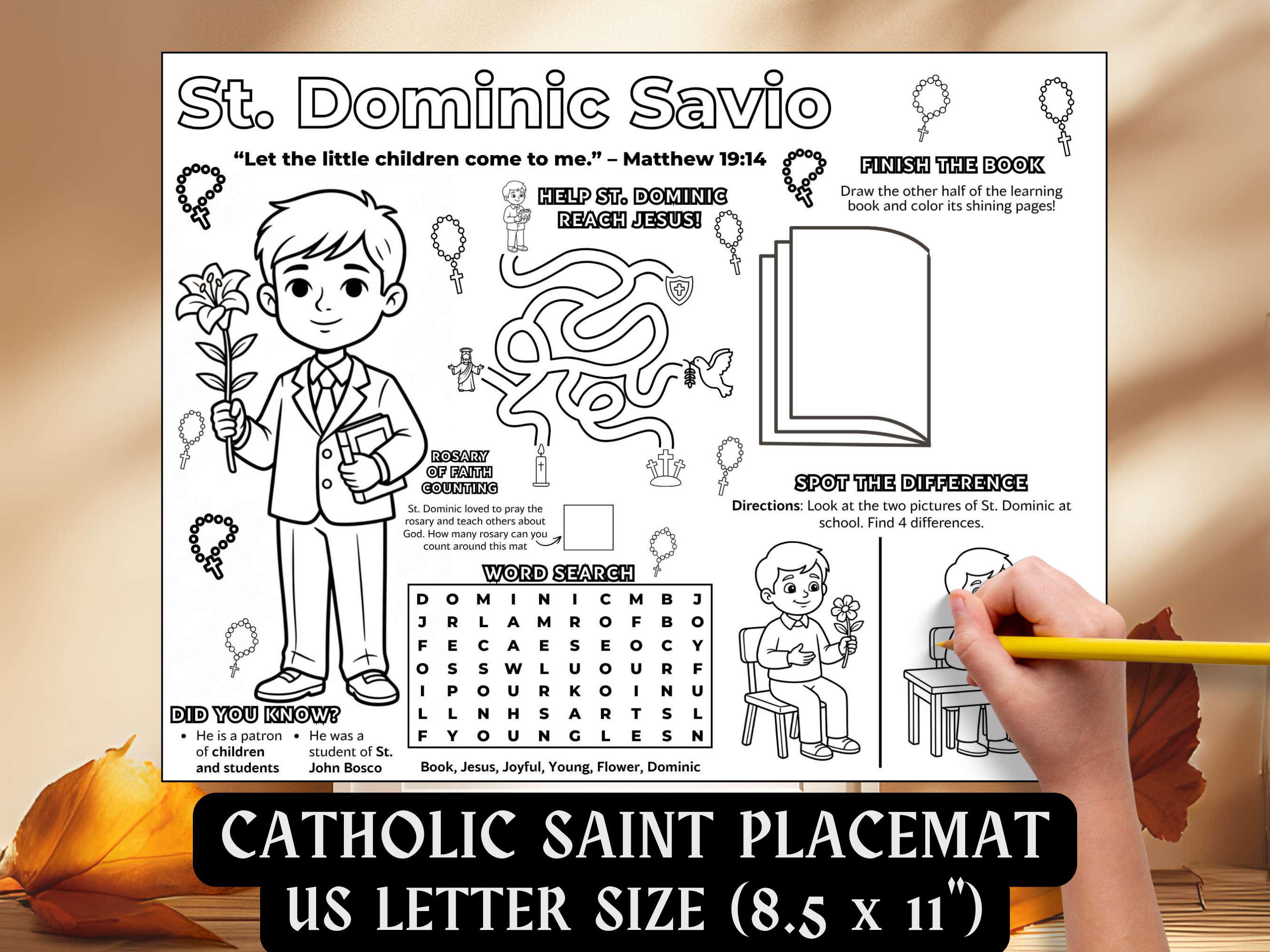Saint Dominic Savio Activity Placemat Kids Coloring Pages Catholic ...
