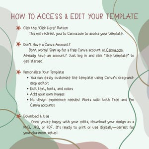 May include: A guide with instructions on how to access and edit a template, with text in a green and brown color scheme. The text includes steps for using Canva, personalizing the template, and downloading it as a PNG, JPG, or PDF.