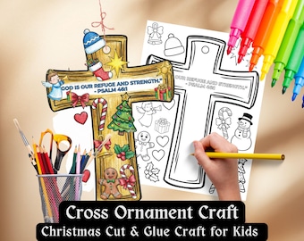 Christian Christmas Cross Ornament Craft for Kids Cross Craft Kit Cut & Paste Activity Sunday School Religious DIY Holiday Decoration Advent