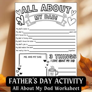 Könnte beinhalten: Schwarz-weiß Arbeitsblatt zur Vatertagsaktivität mit dem Text "ALL ABOUT MY DAD!" und Ausfüllbereichen. Enthält Aufforderungen wie "My dad's name is" und "3 THINGS I LOVE ABOUT MY DAD".